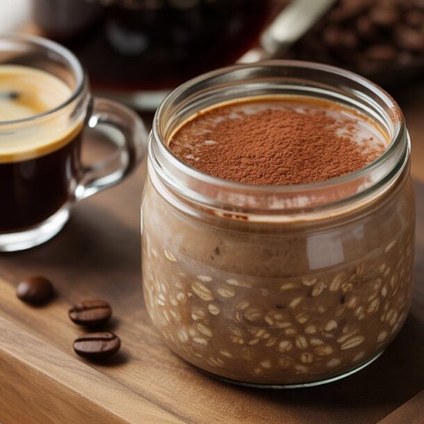 A glass jar of Mocha Overnight Oats topped with cocoa powder sits beside a cup of espresso on a wooden tray, with some coffee beans scattered nearby.