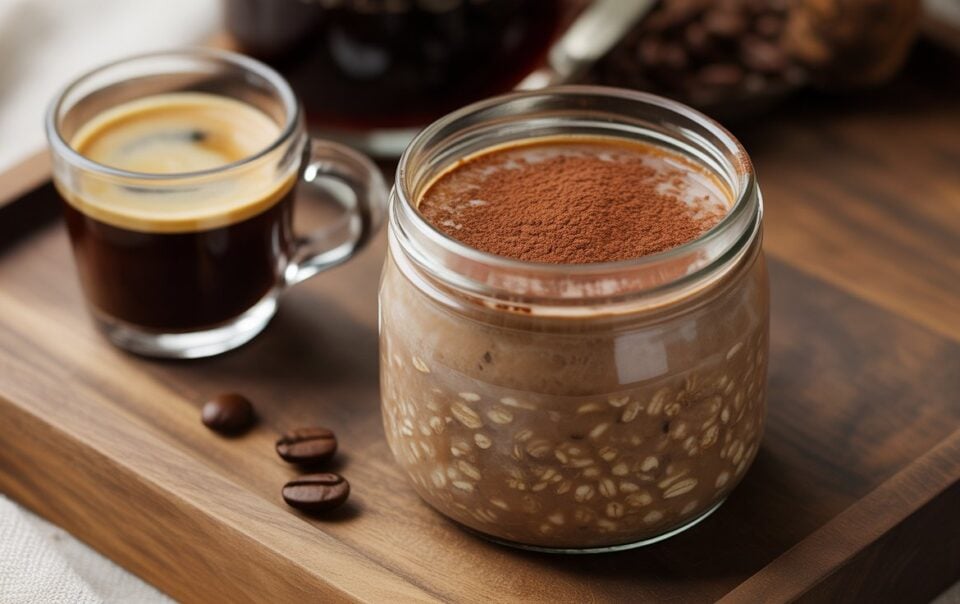 A glass jar of Mocha Overnight Oats topped with cocoa powder sits beside a cup of espresso on a wooden tray, with some coffee beans scattered nearby.