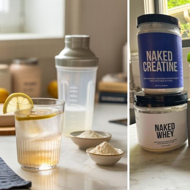 A glass of lemon water, the perfect Morning Primer Drink for an energy boost, sits beside a shaker, powder, and supplement containers labeled Naked Creatine, Naked Whey, and LMNT electrolyte drink mix on a sunlit kitchen counter.