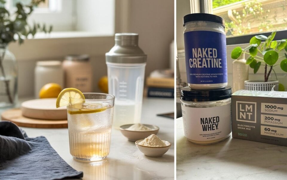 A glass of lemon water, the perfect Morning Primer Drink for an energy boost, sits beside a shaker, powder, and supplement containers labeled Naked Creatine, Naked Whey, and LMNT electrolyte drink mix on a sunlit kitchen counter.