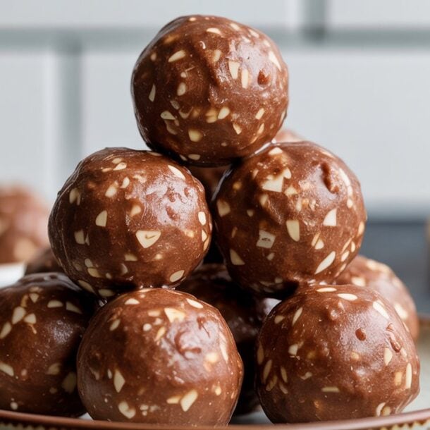 A stack of Nutella protein balls with visible nut pieces sits on a ceramic plate, with more energy balls blurred in the background against a white tiled wall.