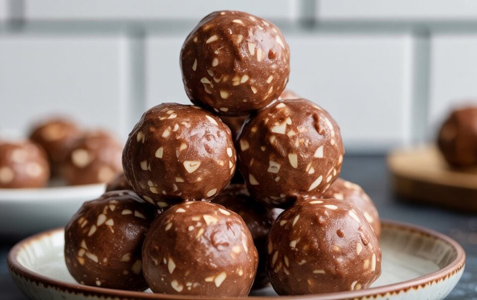 A stack of Nutella protein balls with visible nut pieces sits on a ceramic plate, with more energy balls blurred in the background against a white tiled wall.