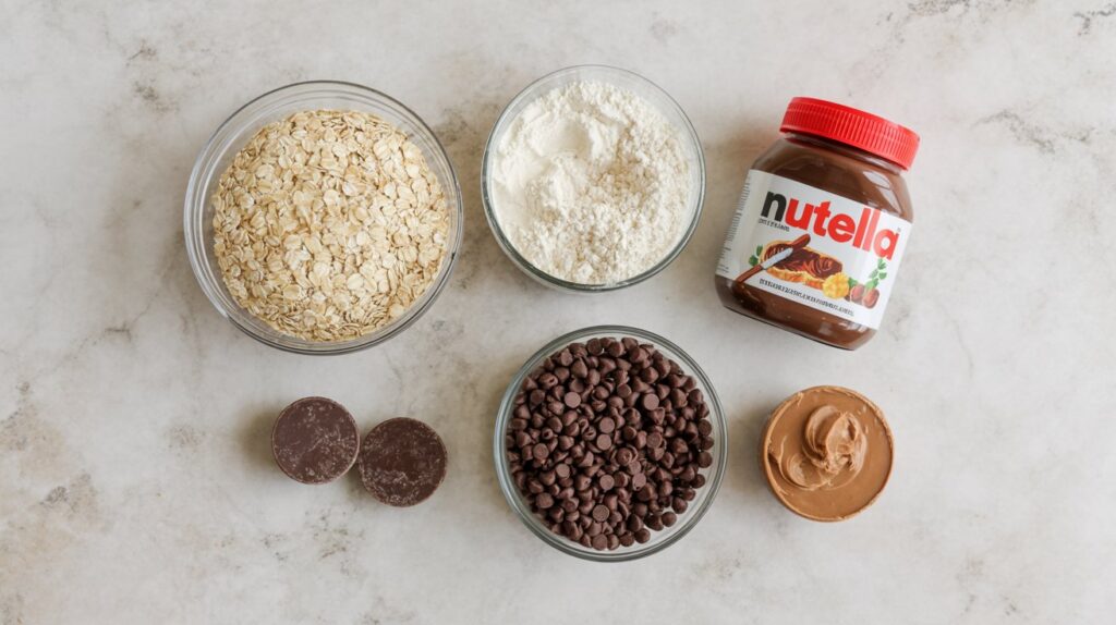 Five baking ingredients on a countertop: a bowl of oats, flour, a jar of Nutella for delicious nutella protein balls, chocolate chips, two chocolate wafers, and creamy peanut butter.