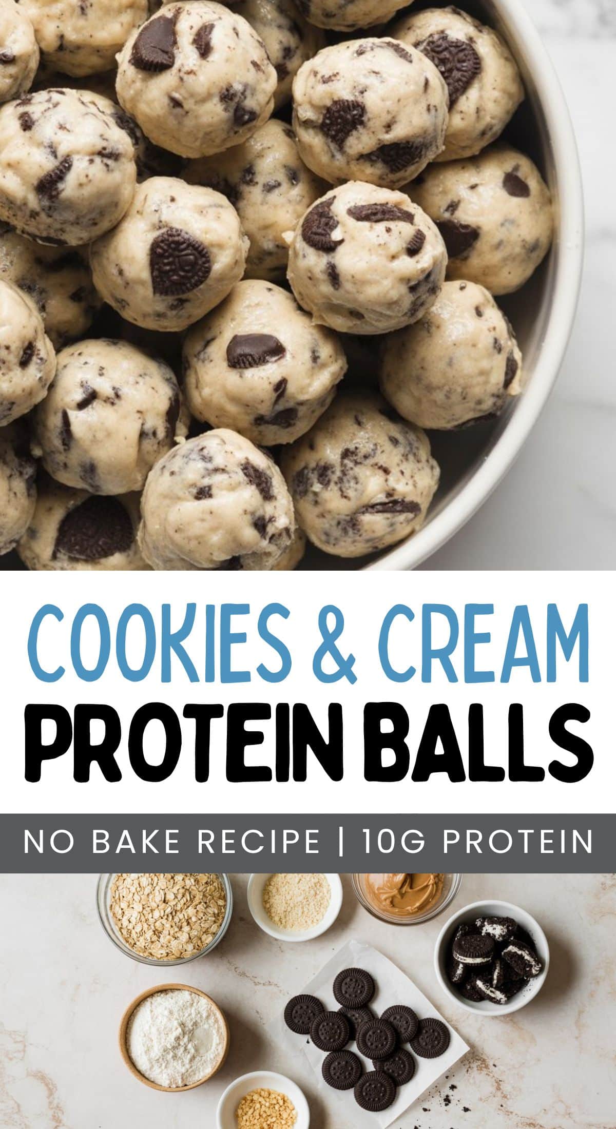 A bowl filled with cookies and cream protein balls sits above neatly arranged ingredients—oats, protein powder, mini chocolate cookies, peanut butter, and maple syrup—showcasing everything needed to make these delicious cookies and cream protein balls.