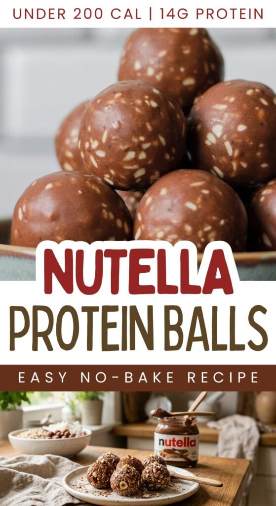 A bowl filled with round nutella protein balls is shown close-up, with text reading Nutella Protein Balls, Easy No-Bake Recipe, Under 200 Cal, 14g Protein. Below, homemade nutella protein balls are served on a plate beside a jar of Nutella.