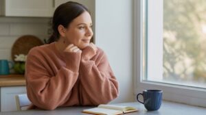 A woman in a cozy pink sweater sits at a table with her hands under her chin, looking thoughtfully out a window—perhaps seeking ways to reset her routine after feeling mentally exhausted. An open notebook and a blue mug are on the table in front of her.