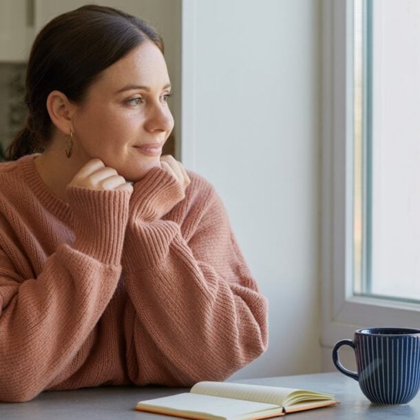 A woman in a cozy pink sweater sits at a table with her hands under her chin, looking thoughtfully out a window—perhaps seeking ways to reset her routine after feeling mentally exhausted. An open notebook and a blue mug are on the table in front of her.