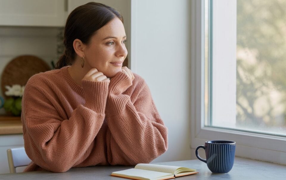 A woman in a cozy pink sweater sits at a table with her hands under her chin, looking thoughtfully out a window—perhaps seeking ways to reset her routine after feeling mentally exhausted. An open notebook and a blue mug are on the table in front of her.
