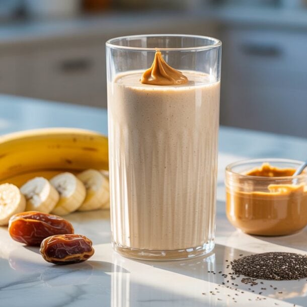 A glass of creamy Banana Smoothie topped with peanut butter sits on a kitchen counter, surrounded by banana slices, dates, chia seeds, and a jar of peanut butter. This high protein treat glows in the sunlight streaming in.