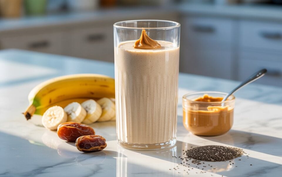 A glass of creamy Banana Smoothie topped with peanut butter sits on a kitchen counter, surrounded by banana slices, dates, chia seeds, and a jar of peanut butter. This high protein treat glows in the sunlight streaming in.