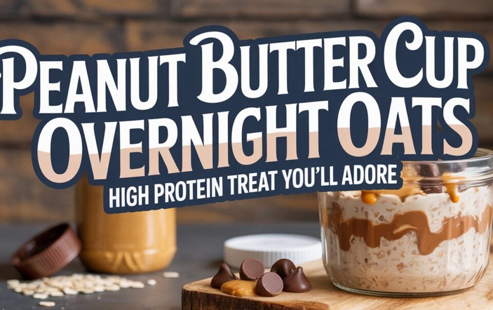 A glass jar of Overnight Oats sits on a wooden surface, layered with chocolate chips, creamy peanut butter, and oats. Large text reads: Peanut Butter Cup Overnight Oats. A high protein treat for peanut butter lovers!.
