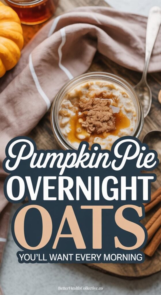 A jar of pumpkin pie overnight oats topped with cinnamon and syrup sits on a table beside a brown cloth napkin, a pumpkin, and cinnamon sticks. Text reads: Pumpkin pie overnight oats you’ll crave every morning.
