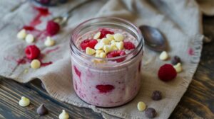 A glass jar filled with Raspberry White Chocolate Overnight Oats, fresh raspberries, white chocolate chips, and more chocolate chips on top, placed on a rustic cloth with scattered raspberries and chocolate chips nearby.