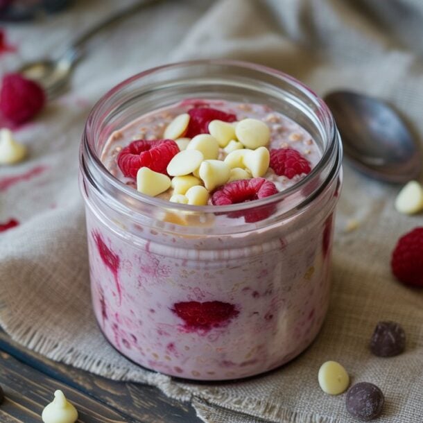 A glass jar filled with Raspberry White Chocolate Overnight Oats, fresh raspberries, white chocolate chips, and more chocolate chips on top, placed on a rustic cloth with scattered raspberries and chocolate chips nearby.