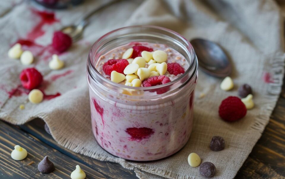 A glass jar filled with Raspberry White Chocolate Overnight Oats, fresh raspberries, white chocolate chips, and more chocolate chips on top, placed on a rustic cloth with scattered raspberries and chocolate chips nearby.