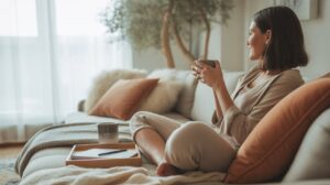 A woman sits cross-legged on a cozy sofa, holding a mug and looking out a bright window. Surrounded by soft pillows, a notebook, and a candle, she enjoys her Sunday reset routine and creates a calm, relaxed atmosphere to stay on track.