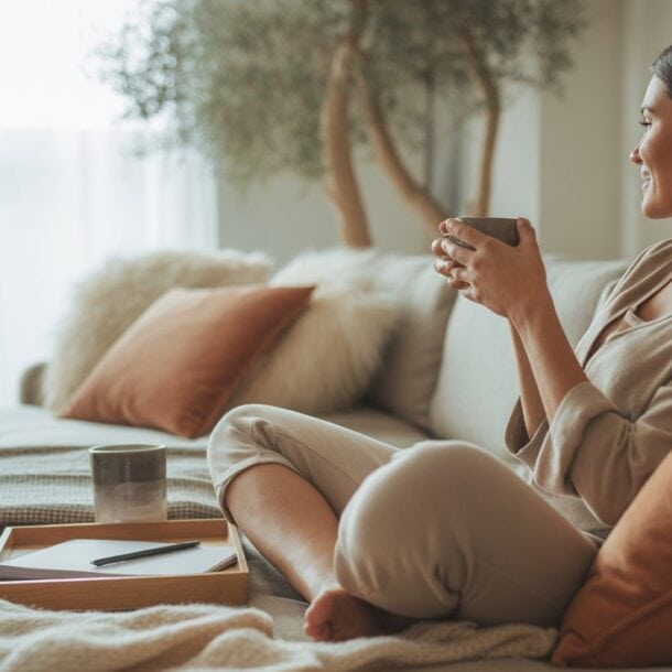 A woman sits cross-legged on a cozy sofa, holding a mug and looking out a bright window. Surrounded by soft pillows, a notebook, and a candle, she enjoys her Sunday reset routine and creates a calm, relaxed atmosphere to stay on track.