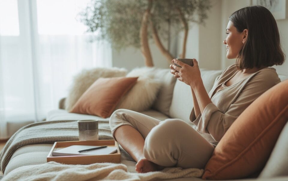 A woman sits cross-legged on a cozy sofa, holding a mug and looking out a bright window. Surrounded by soft pillows, a notebook, and a candle, she enjoys her Sunday reset routine and creates a calm, relaxed atmosphere to stay on track.