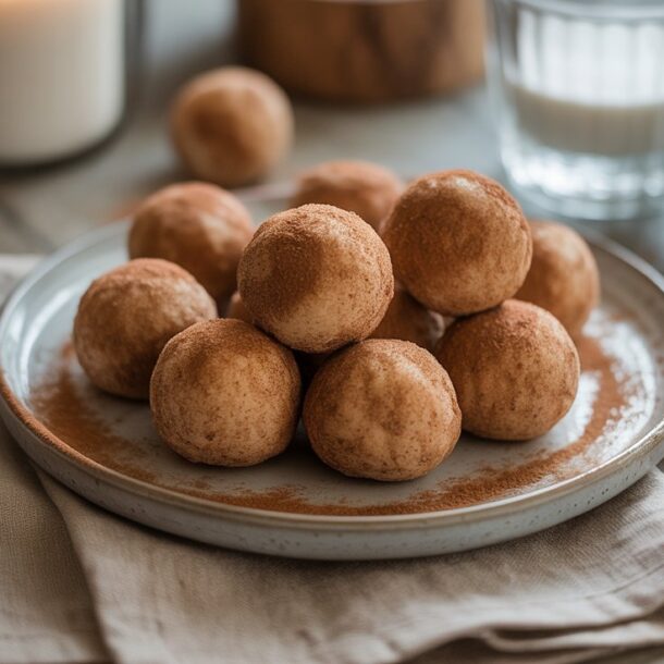 A plate of no-bake Snickerdoodle protein balls sits on a beige napkin, with a glass of milk, a bowl of cinnamon powder, and cinnamon sticks in the background on a rustic table.