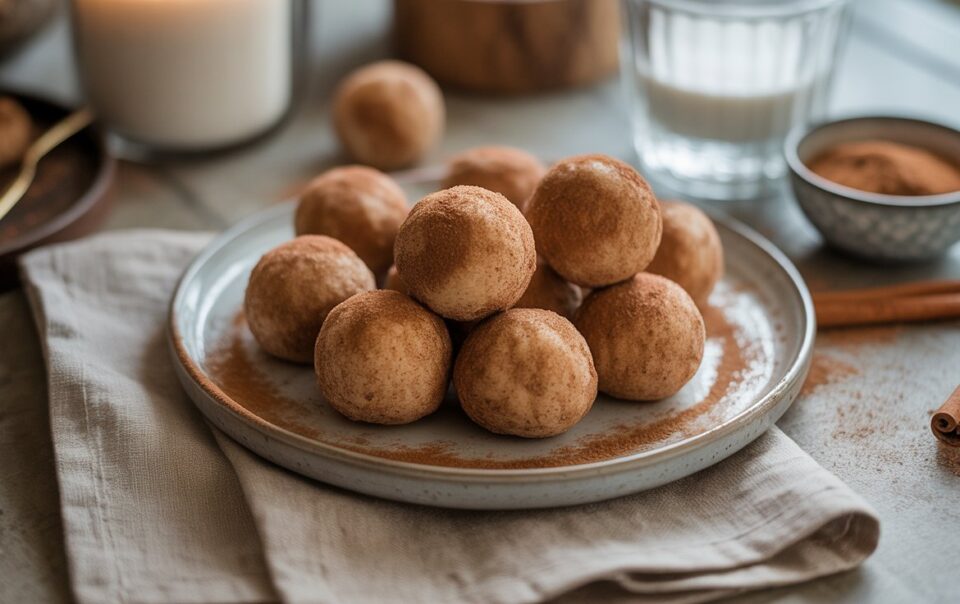 A plate of no-bake Snickerdoodle protein balls sits on a beige napkin, with a glass of milk, a bowl of cinnamon powder, and cinnamon sticks in the background on a rustic table.