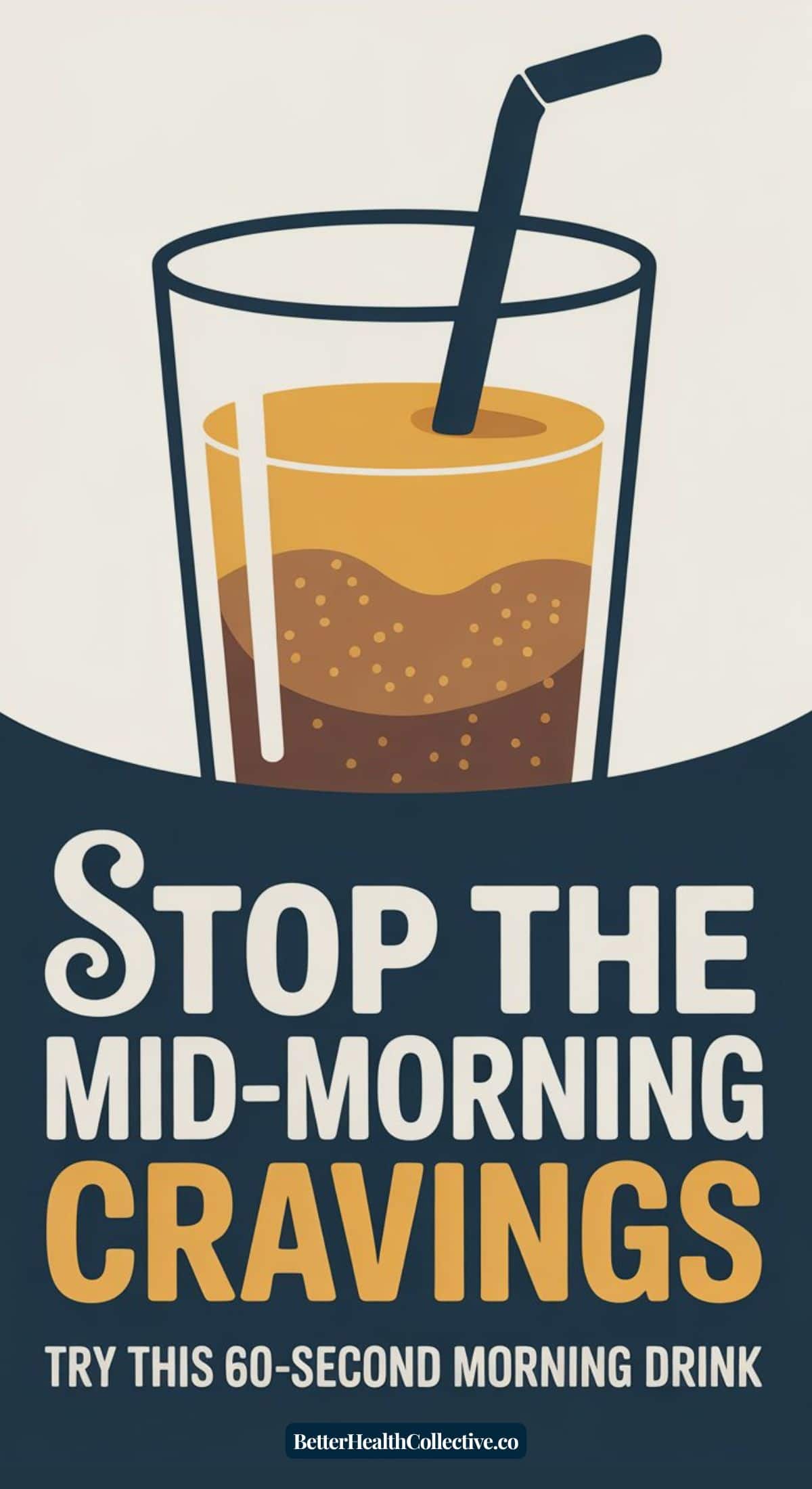 Illustration of a glass with a bubbly brown drink and a straw, alongside the text: Stop the mid-morning cravings. Try this 60-second Morning Primer Drink—your new energy ritual. BetterHealthCollective.co.