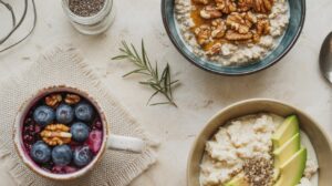 Three bowls on a table showcase breakfast recipes perfect for a cortisol reset: oatmeal with walnuts and honey, oatmeal with blueberries and walnuts, and oatmeal with avocado slices and seeds. A small jar of chia seeds and a rosemary sprig are nearby.