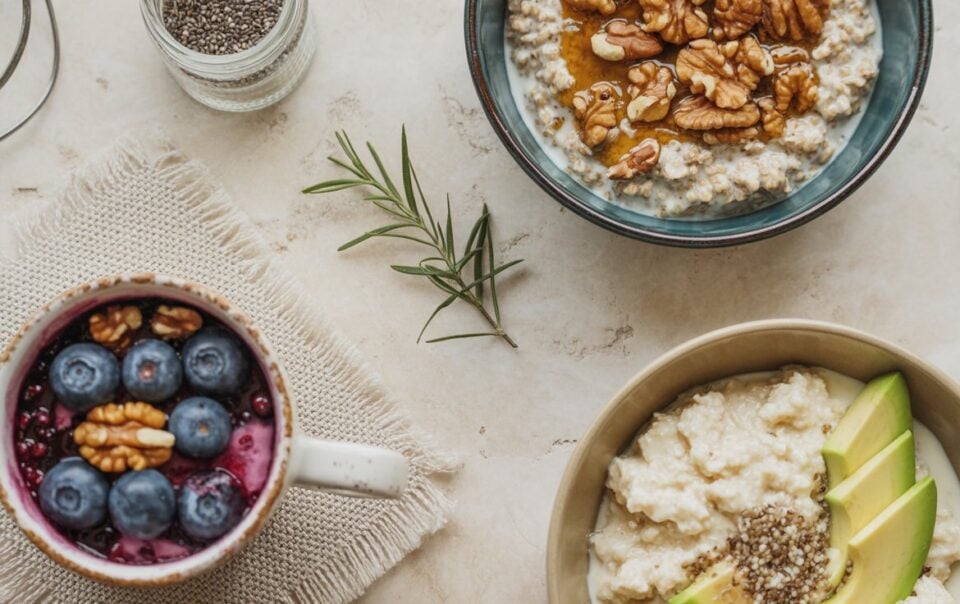 Three bowls on a table showcase breakfast recipes perfect for a cortisol reset: oatmeal with walnuts and honey, oatmeal with blueberries and walnuts, and oatmeal with avocado slices and seeds. A small jar of chia seeds and a rosemary sprig are nearby.