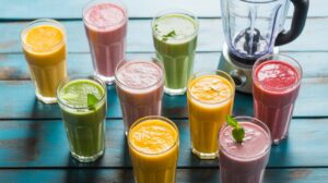 A variety of colorful smoothies in glasses, including green, yellow, pink, and purple, are arranged on a blue wooden table beside a blender. Some are garnished with mint leaves, perfect for anyone following a smoothie guide or seeking a fat burning smoothie.