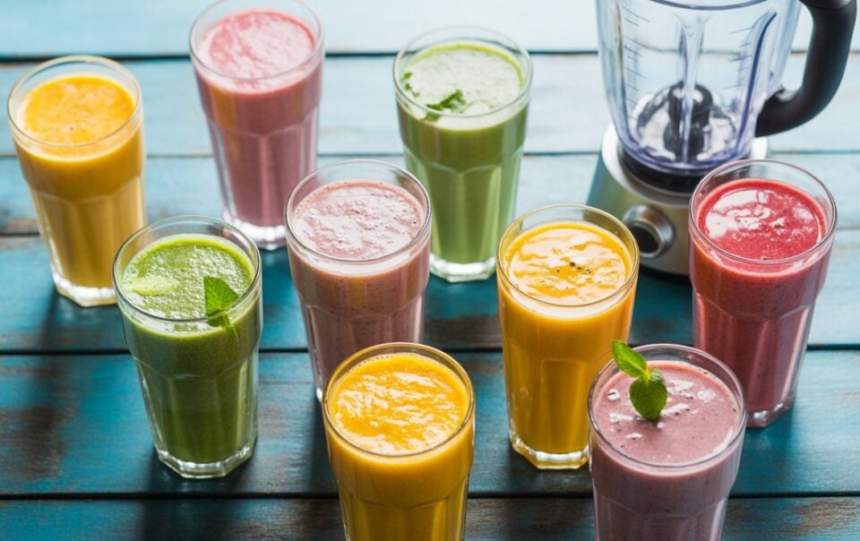 A variety of colorful smoothies in glasses, including green, yellow, pink, and purple, are arranged on a blue wooden table beside a blender. Some are garnished with mint leaves, perfect for anyone following a smoothie guide or seeking a fat burning smoothie.