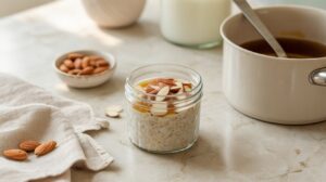 A glass jar filled with vanilla almond overnight oats, topped with sliced almonds and honey, sits on a light countertop. Nearby are whole almonds, a saucepan with a ladle, a cloth napkin, and a glass of milk in the background.