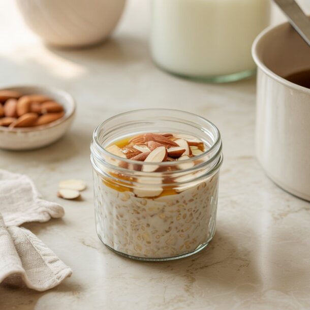 A glass jar filled with vanilla almond overnight oats, topped with sliced almonds and honey, sits on a light countertop. Nearby are whole almonds, a saucepan with a ladle, a cloth napkin, and a glass of milk in the background.