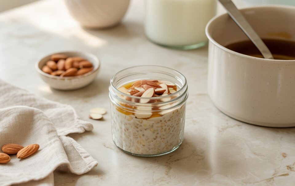 A glass jar filled with vanilla almond overnight oats, topped with sliced almonds and honey, sits on a light countertop. Nearby are whole almonds, a saucepan with a ladle, a cloth napkin, and a glass of milk in the background.