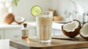A glass of creamy Vanilla Coconut Water, garnished with a lime slice, sits on a wooden board beside a halved coconut, a small bottle of vanilla extract, and a knife, perfect as an energizing morning drink in a bright kitchen.