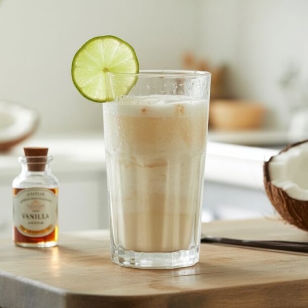 A glass of creamy Vanilla Coconut Water, garnished with a lime slice, sits on a wooden board beside a halved coconut, a small bottle of vanilla extract, and a knife, perfect as an energizing morning drink in a bright kitchen.