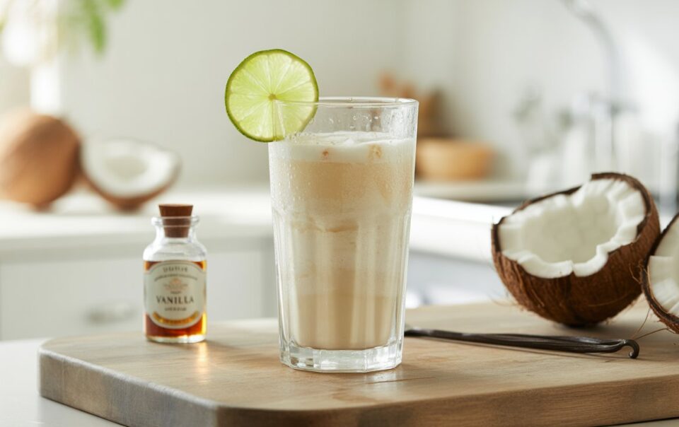 A glass of creamy Vanilla Coconut Water, garnished with a lime slice, sits on a wooden board beside a halved coconut, a small bottle of vanilla extract, and a knife, perfect as an energizing morning drink in a bright kitchen.
