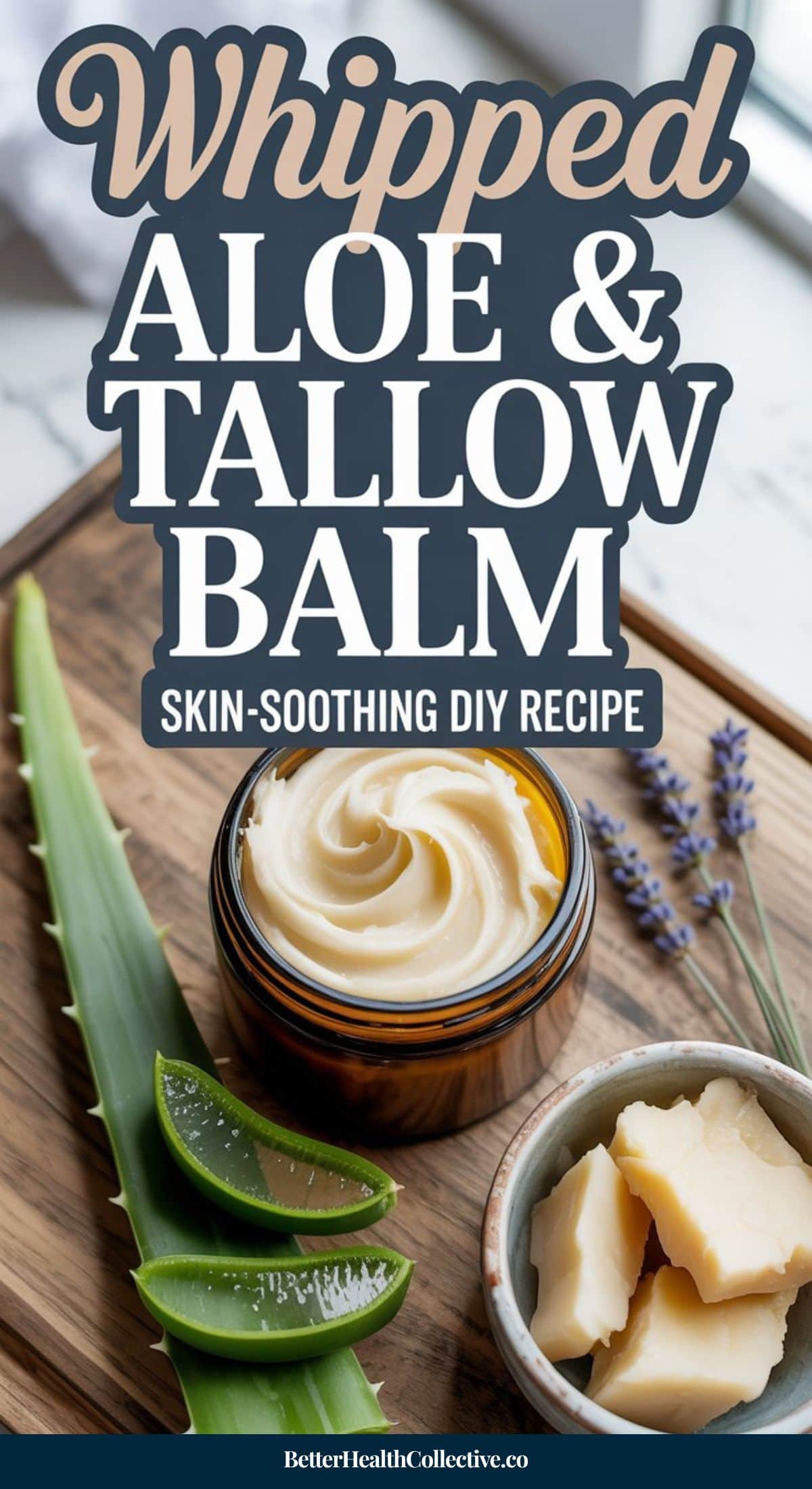 A jar of whipped balm sits on a wooden tray with aloe vera leaves, tallow chunks, and lavender sprigs. Text on image reads: Whipped Aloe & Tallow Balm, Skin-Soothing DIY Recipe for Sunburn Relief.