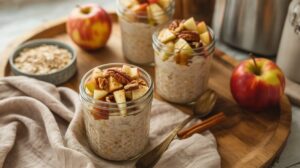 Three glass jars of Apple Cinnamon Overnight Oats topped with chopped apples and pecans sit on a wooden tray with whole apples, a bowl of oats, cinnamon sticks, and a spoon nearby. A beige napkin is also on the tray.