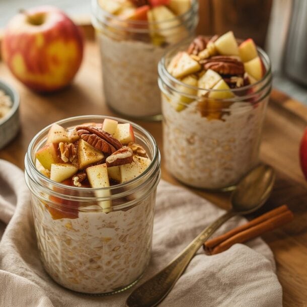 Three glass jars of Apple Cinnamon Overnight Oats topped with chopped apples and pecans sit on a wooden tray with whole apples, a bowl of oats, cinnamon sticks, and a spoon nearby. A beige napkin is also on the tray.