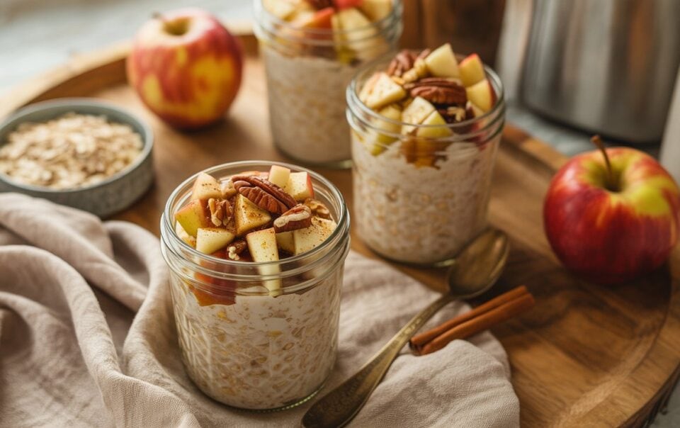 Three glass jars of Apple Cinnamon Overnight Oats topped with chopped apples and pecans sit on a wooden tray with whole apples, a bowl of oats, cinnamon sticks, and a spoon nearby. A beige napkin is also on the tray.