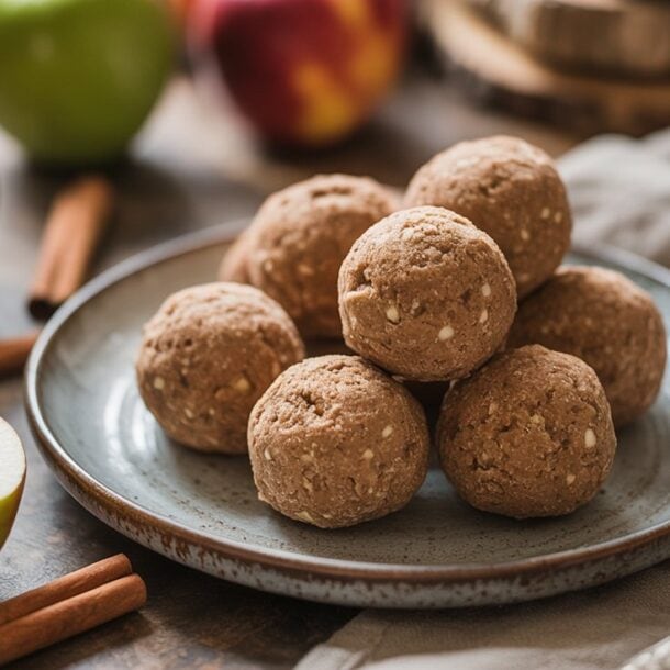 A plate with several round apple cinnamon protein balls sits on a cloth napkin, surrounded by whole apples, apple slices, and cinnamon sticks on a rustic table.