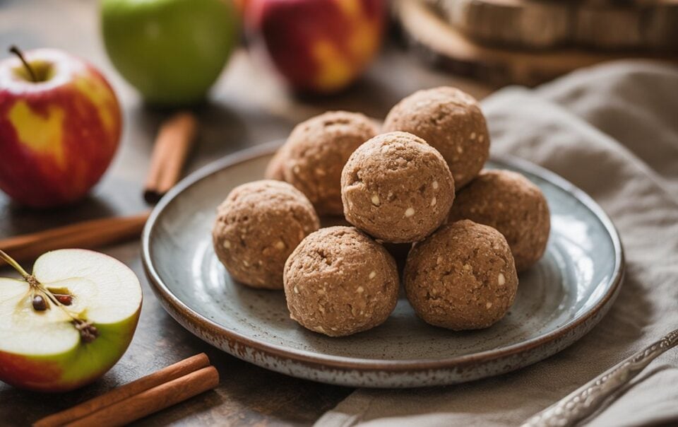 A plate with several round apple cinnamon protein balls sits on a cloth napkin, surrounded by whole apples, apple slices, and cinnamon sticks on a rustic table.