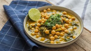 A bowl of chickpea and spinach coconut curry garnished with fresh cilantro, served with a lime wedge. The bowl is placed on a blue checkered cloth on a wooden surface.