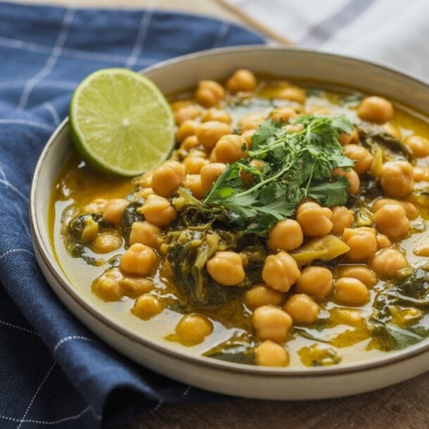 A bowl of chickpea and spinach coconut curry garnished with fresh cilantro, served with a lime wedge. The bowl is placed on a blue checkered cloth on a wooden surface.