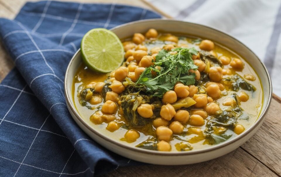 A bowl of chickpea and spinach coconut curry garnished with fresh cilantro, served with a lime wedge. The bowl is placed on a blue checkered cloth on a wooden surface.