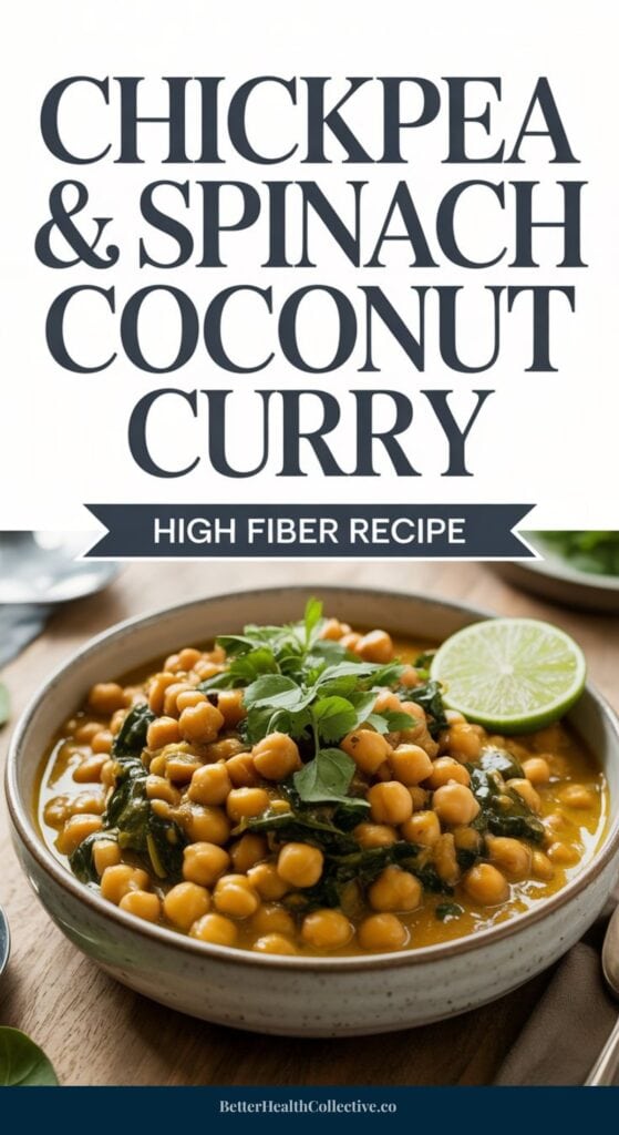 A bowl of chickpea and spinach coconut curry garnished with fresh herbs and a lime wedge, set on a table with text above reading Chickpea & Spinach Coconut Curry – High Fiber Recipe.