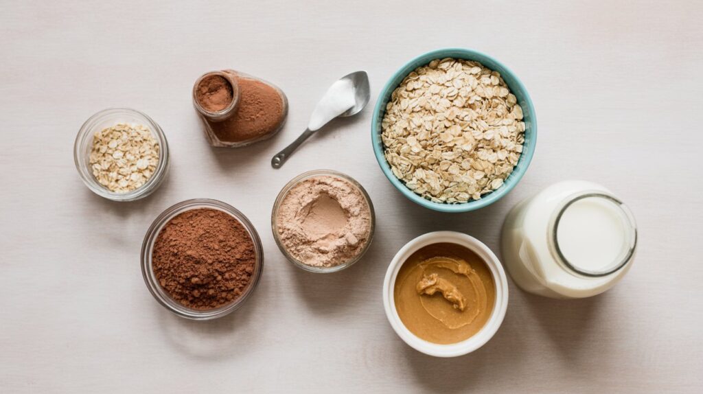 Bowls and jars containing oats, cocoa powder, protein powder, peanut butter, and milk are arranged on a light surface—an inviting setup for a 35G Protein Chocolate Oats Protein Bowl, perfect for a nourishing breakfast.