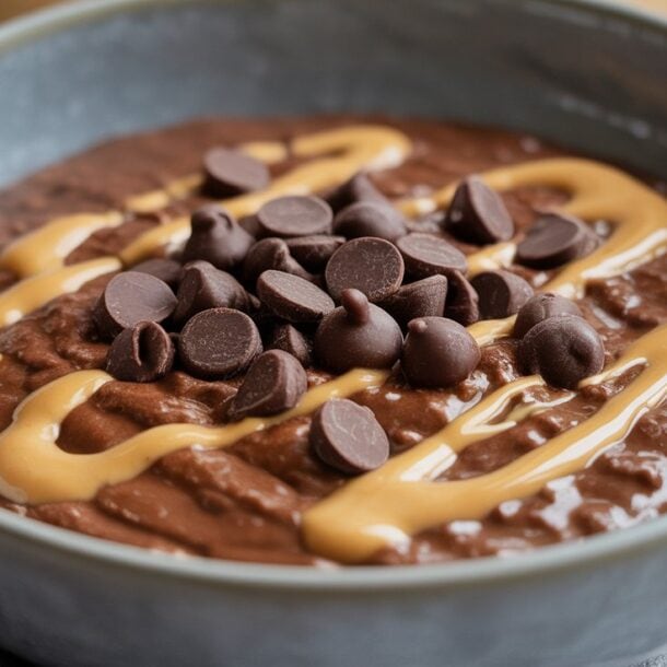 A Chocolate Oats Protein Bowl featuring chocolate oatmeal, chocolate chips, and a zigzag drizzle of creamy peanut butter—packed with 35G protein for a delicious breakfast boost.