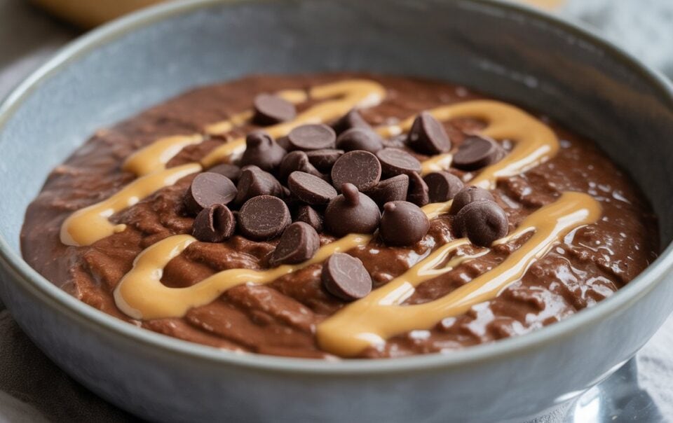 A Chocolate Oats Protein Bowl featuring chocolate oatmeal, chocolate chips, and a zigzag drizzle of creamy peanut butter—packed with 35G protein for a delicious breakfast boost.