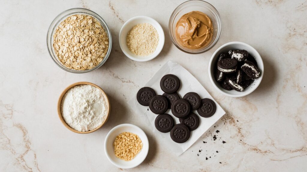 A top view of baking ingredients on a light surface, including oats, flour, peanut butter, mini sandwich cookies, cookie crumbs, and chopped nuts in small bowls—perfect for making delicious cookies and cream protein balls.