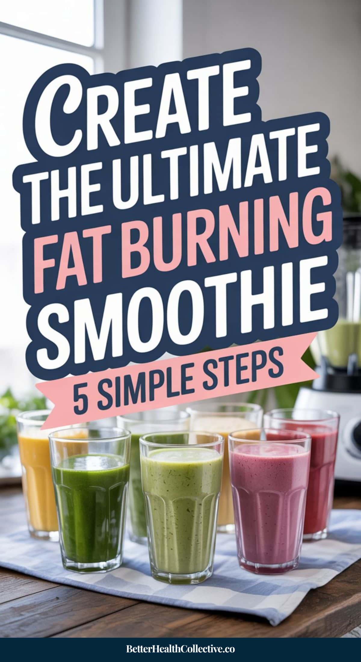 Text on image says, Create the ultimate fat burning smoothie: 5 simple steps. Below the text are several colorful smoothies in glasses on a wooden surface, with a blender in the background—your perfect smoothie guide for high-protein recipes.